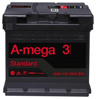 A-Mega Standard 6СТ-50 50 А/ч, 390 А (EN), обратная полярность, 207×175×190 мм, код 6CT-50-A3