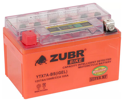 Мотоаккумулятор Zubr Moto iGEL YTX7A-BS 7 А/ч 105 А, прямая полярность, 150×87×94 мм
