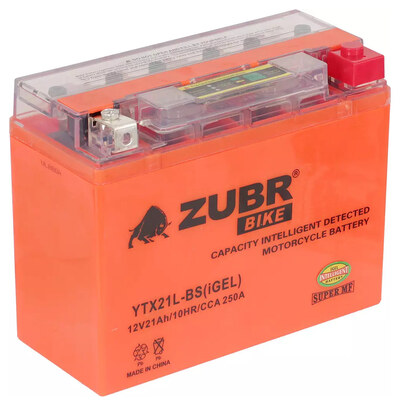 Мотоаккумулятор Zubr Moto iGEL YTX21L-BS 21 А/ч 250 А, GEL, обратная полярность, 205×90×159 мм