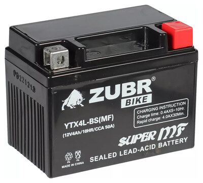 Мотоаккумулятор Zubr Moto MF YTX4L-BS 4 А/ч 50 А, обратная полярность, 113×70×85 мм, AGM