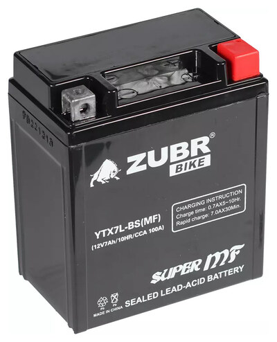 Мотоаккумулятор Zubr Moto MF YTX7L-BS 7 А/ч 100 А, обратная полярность, 113×70×131 мм, AGM