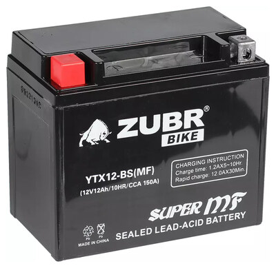 Мотоаккумулятор Zubr Moto MF YTX12-BS 12 А/ч 150 А, AGM, прямая полярность, 150×87×130 мм