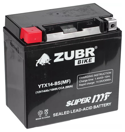 Мотоаккумулятор Zubr Moto MF YTX14-BS 14 А/ч 200 А, AGM, прямая полярность, 150×87×145 мм