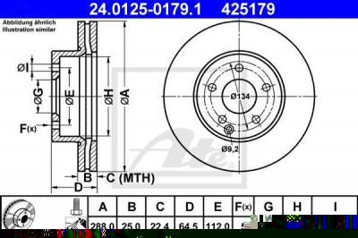 ATE 24.0125-0179.1 Диски торм.Mercedes W204 C180-C200 (288x25мм) вентилируемые