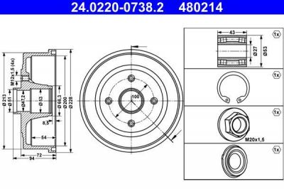 ATE 24.0220-0738.2 тормозной барабан на OPEL CORSA C (F08, F68)