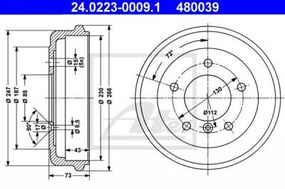 ATE 24.0223-0009.1 тормозной барабан на MERCEDES-BENZ T1 c бортовой платформой/ходовая часть (601)