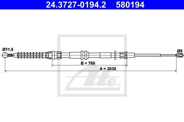 ATE 24.3727-0194.2 трос, стояночная тормозная система на VW CADDY III фургон (2KA, 2KH, 2CA, 2CH)
