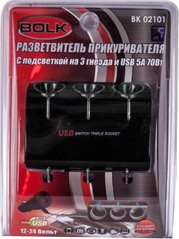 BOLK BK02101 Разветвитель прикуривателя с подсветкой на 3 гнезда и USB 5А 70Вт 12B/24В BOLK BK02101 Разветвитель прикуривателя с подсветкой на 3 гнезда и USB 5А 70Вт 12B/24В
