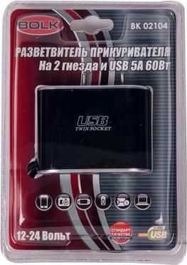 BOLK BK02104 Разветвитель прикуривателя на 2 гнезда и USB 5А 60Вт 12B/24В BOLK BK02104 Разветвитель прикуривателя на 2 гнезда и USB 5А 60Вт 12B/24В