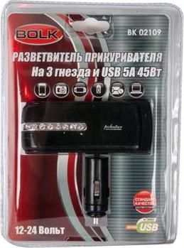 BOLK BK02109 Разветвитель прикуривателя на 3 гнезда и USB 5А 45Вт 12B/24В BOLK BK02109 Разветвитель прикуривателя на 3 гнезда и USB 5А 45Вт 12B/24В
