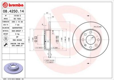 BREMBO Диск тормозной OPEL ASTRA H 1.6 04-/CORSA 82-93/KADETT 79-91 передний не вент. (561142J, 08.4250.14)