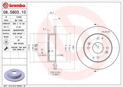 BREMBO Диск тормозной задний c Easy Check HONDA Civic VII 2/01-05 <=> 08.5803.44 (08.5803.44, 08.5803.10)