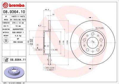 BREMBO Торм.диск зад.[278x12] 5 отв.[min 2] (08.9364.10)