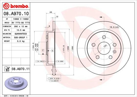 BREMBO Диск тормозной не вент. задний OPEL INSIGNIA (07/08-) R (13502198, 08.A970.10)