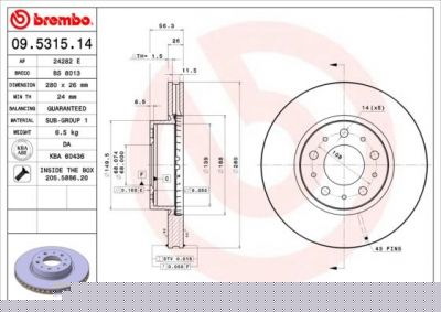 BREMBO Диск тормозной VOLVO 740/760 85-92/940/960 90-98 передний D=280мм. (561512J, 09.5315.14)