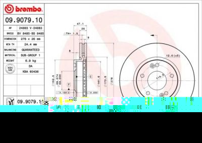 BREMBO Диск тормозной HYUNDAI SANTA FE (SM) 01-/TRAJET 00- передний D=276мм. (517123B000, 09.9079.10)