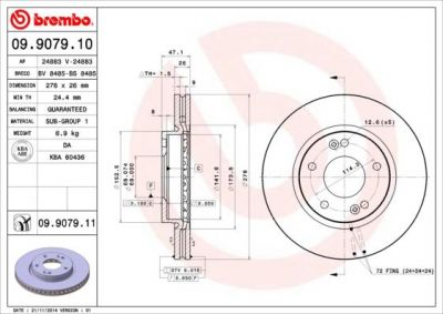 BREMBO 09.9079.11_диск тормозной передний! с покрытием Hyundai Santa/Trajet 2.0 00> (09907911)