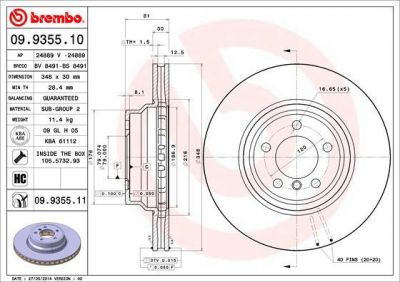 BREMBO Диск тормозной E65/E66 730-760 01- передний D=348мм. крашенные (вместо 09.9355.10) (34116750267, 09.9355.11)