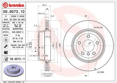 BREMBO Диск тормозной X3 E83 2.0-3.0 04- задний крашенные (вместо 09.9573.10) (34213332217, 09.9573.11)