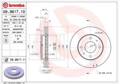BREMBO Диск тормозной пер.вент. S40/V40 95-> 30872926 крашенные (вместо 09.9617.10) (561926J, 09.9617.11)
