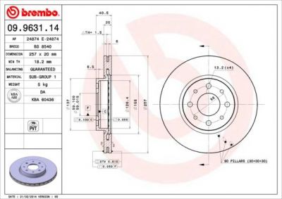 BREMBO Диск тормозной вент. передний FIAT MAREA Weekend (185) (09/96-) F (46419204, 09.9631.14)