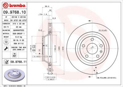 BREMBO Диск тормозной вент. задний AUDI TT Roadster (8J9) (02/07-) R (8J0615601A, 09.9768.10)