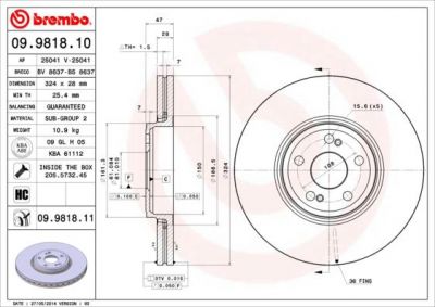 BREMBO Диск тормозной RENAULT Espace (IV) 2.0i 16V (11.02->) F (562187J, 09.9818.10)