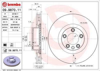 BREMBO Диск тормозной вент. передний VW TOUAREG (7LA, 7L6, 7L7) (10/02-05/10) F (7L8615301A, 09.9870.11)