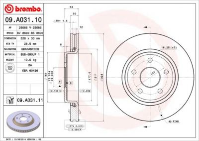BREMBO Диск тормозной JEEP COMMANDER/GRAND CHEROKEE III 05- передний (52089269AB, 09.A031.10)