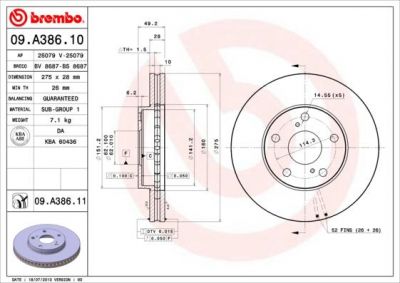 BREMBO Диск тормозной TOYOTA CAMRY 2.2/3.0 91-01/AVENSIS VERSO 2.0 01- передний 09.5624.10=>09.A386.10 (4351233060, 09.A386.10)