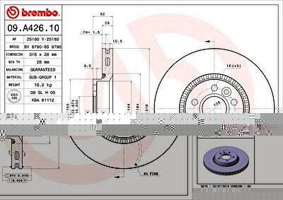 BREMBO Диск тормозной вент. передний VOLVO XC70 II (08/07-) F (заменен на 09.A426.11) (LR000470, 09.A426.10)