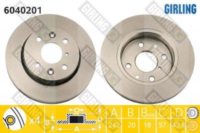 GIRLING Диск тормозной перед. KIA SPECTRA SHUMA 242x20mm (0K2A133251, 6040201)