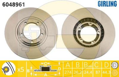 GIRLING Диск тормозной передний HYUNDAI H1 STAREX 01- PORTER 04- 274x26mm (581294A200, 6048961)