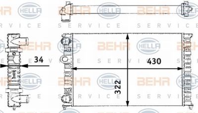 HELLA Радиатор охл. ДВС VAG Golf III/Vento 1,4/1,6L 91-98 (МКПП/без АС)(628x322x34mm) (6N0121253B, 8MK376713-744)