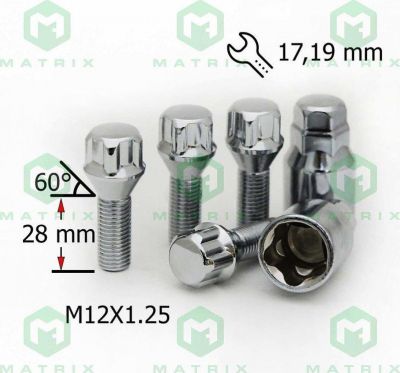 Матрикс-Авто 372110H2 секретные болты M12×1,25×28, конус 60°, хром, 4+2