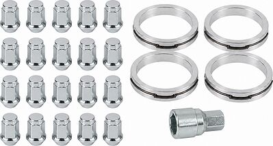 Монтажный комплект OZ Racing 81710326 для Land Rover: 20 закрытых гаек D6 M12x1,5, конус 60°, SW19, высота 34 мм, 4 кольца XL 79/64,1 мм со стопорами и редукционная втулка 19/22 мм