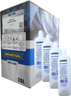 RAVENOL 4627097091221 Набор Outboardoel 2T teilsynth. (20л) ecobox + Marinefett (0,08 кг)*4