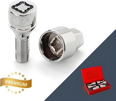 Anmax S032949 Комплект болтов-секреток M12×1.25, 52/27 мм, комплект 4+2, конус, ключ 17×19 мм, хром