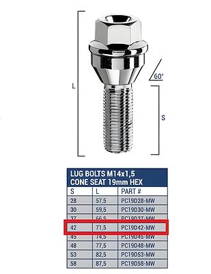 Bimecc PC19D42-MW Болт CH19 14X1.5X42 60° Кон.Подвижная шайба