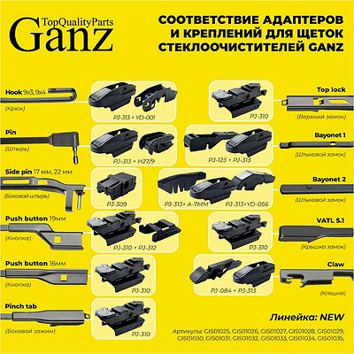 Ganz NEW GIS01032 бескаркасная щётка стеклоочистителя 480 мм (19″), 10 адаптеров