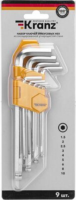 Kranz KR-12-5211 Набор ключей имбусовых HEX KRANZ 1,5-10 мм, CrV, 9 шт., удлиненные, с шаром