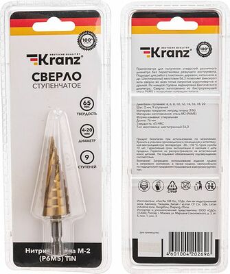 Kranz KR-12-6611 Сверло по металлу ступенчатое ТИТАН 4,0-20,0мм, 76мм, 65 HRC, Р6М5 TiN KRANZ