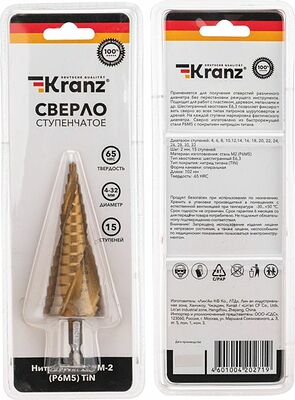 Kranz KR-12-6613 Сверло по металлу ступенчатое ТИТАН 4,0-32,0мм, 102мм, 65 HRC, Р6М5 TiN KRANZ