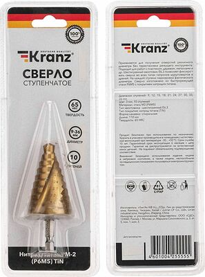 Kranz KR-12-6614 Сверло по металлу ступенчатое ТИТАН 9,0-36,0мм, 110мм, 65 HRC, Р6М5 TiN KRANZ