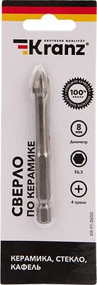 Kranz KR-91-0650 Сверло по стеклу и керамике 8 мм, 4 грани, шестигранный хвостовик Kranz