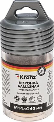Kranz KR-92-1019 Коронка алмазная профессиональная по керамограниту и железобетону М14, вакуумное спекание, 40мм, для УШМ KRANZ