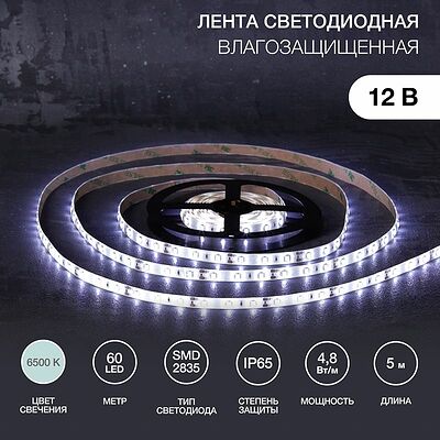LAMPER 141-2015 Лента светодиодная 12В, SMD2835, 4,8Вт/м, 60 LED/м, 6500К, 8мм, 5м, для БП с клеммами, IP65 LAMPER