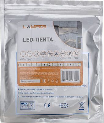 LAMPER 141-2029 Лента светодиодная 12В, SMD5050, 14,4Вт/м, 60 LED/м, 6500К, 10мм, 3м, для БП с клеммами, IP65 LAMPER