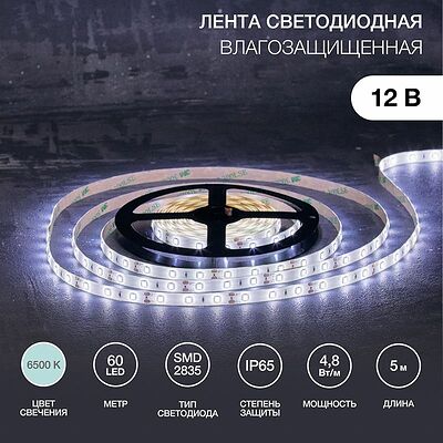 LAMPER 141-355 Лента светодиодная 12В, SMD2835, 4,8Вт/м, 60 LED/м, 6500К, 8мм, 5м, IP65 LAMPER