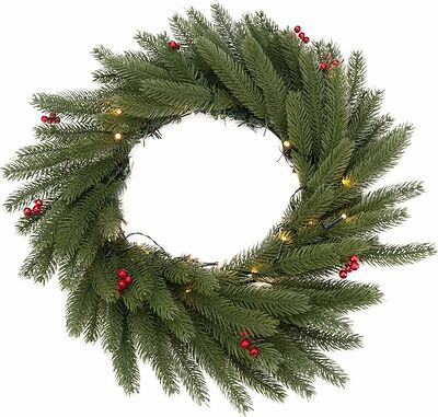 NEON-NIGHT 307-150 Еловый венок с ягодами и гирляндой NEON-NIGHT Ø 45 см, 20 LED, 2 х АА, литой, теплое белое свечение